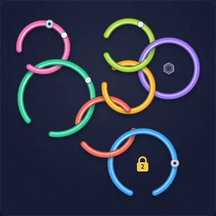 Rotate Rings Game level 21 board: seven linked rings with pins, studs, a bolted ring and a padlock